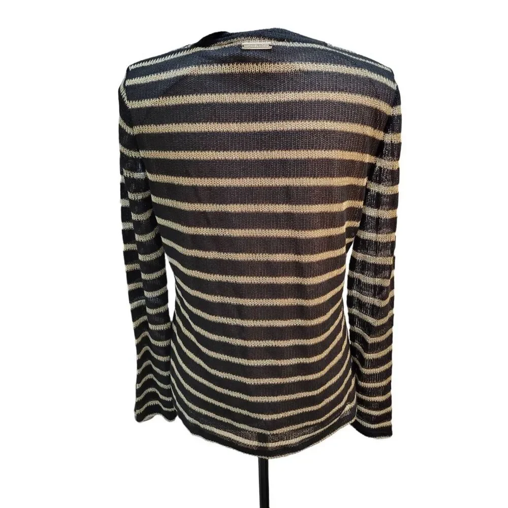 Michael Kors Open Knit Metallic Stripes Gold Black Long Sleeve Top Sz LP New